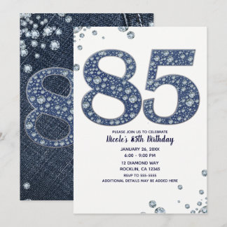 Denim & Diamonds Bling Sparkle 85. 85 Geburtstag Einladung