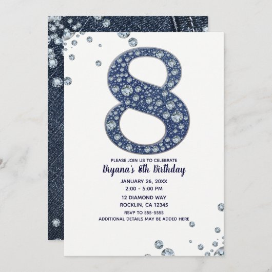 Denim & Diamonds Bling Sparkle 8. 8. Geburtstag Einladung (Vorne/Hinten)