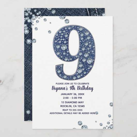 Denim & Diamonds Bling Sparkle 9. 9. Geburtstag Einladung (Vorne/Hinten)