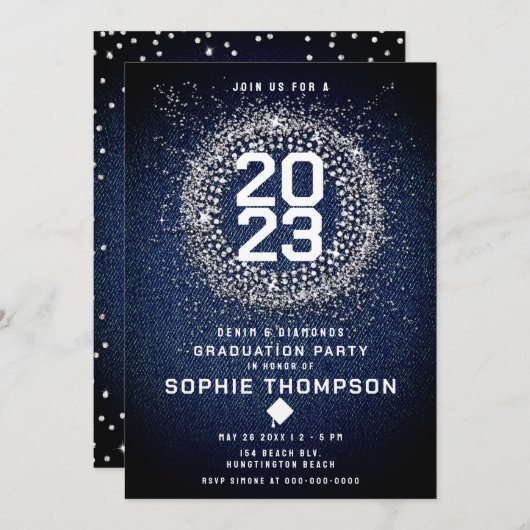 Denim Diamonds Bling Sternexplosion Graduation Par Einladung (Vorne/Hinten)