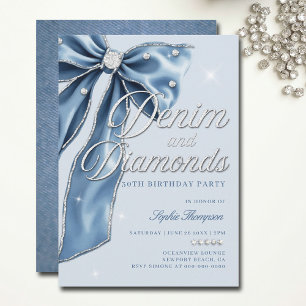 Denim Diamonds Blue Bow Script 30. Geburtstag Part Einladung