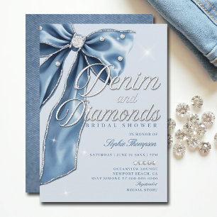 Denim Diamonds Blue Bow Script Chic Brautparty Einladung
