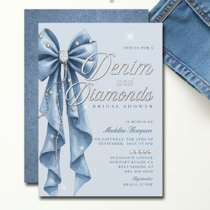Denim Diamonds Blue Bow Script Glam Brautparty Einladung