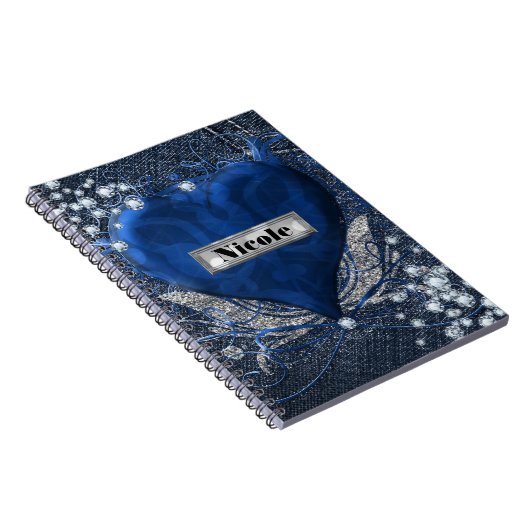 Denim & Diamonds Blue Heart Custom Personalisiert Notizblock (Rechte Seite)