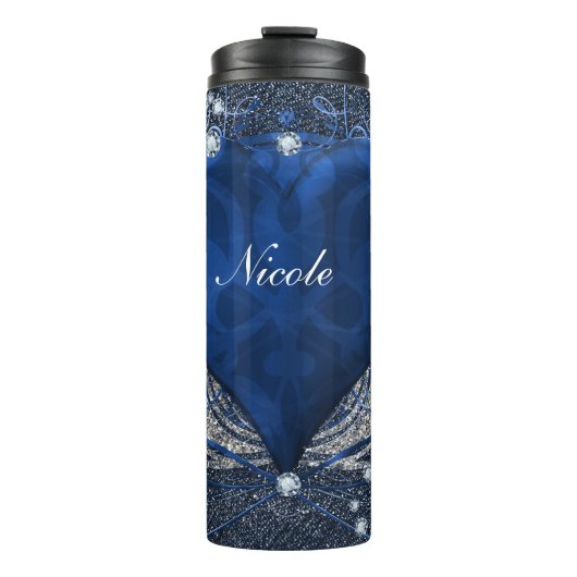 Denim & Diamonds Blue Ornamental Glam Herz Thermosbecher (Vorderseite)
