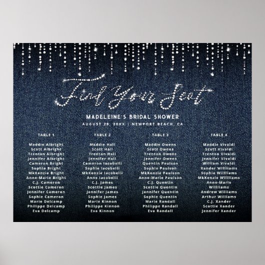 Denim Diamonds Brautparty Chic Seekarte Poster (Vorne)