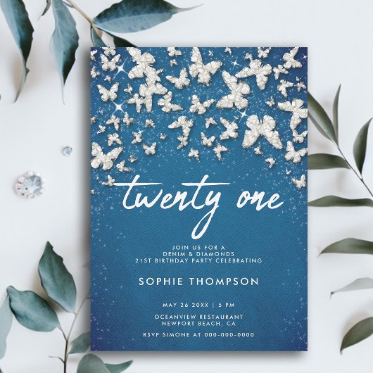 Denim Diamonds Butterflies Glitzer Blue 21st Bday Einladung