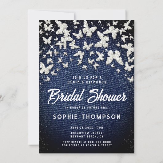 Denim Diamonds Butterflies Script-Brautparty Einladung (Vorderseite)