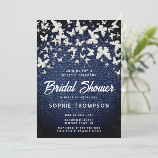 Denim Diamonds Butterflies Script-Brautparty Einladung (Stehend Vorderseite)