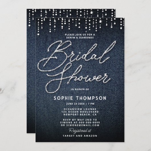 Denim Diamonds Calligraphy Elegant Brautparty Einladung (Vorne/Hinten)