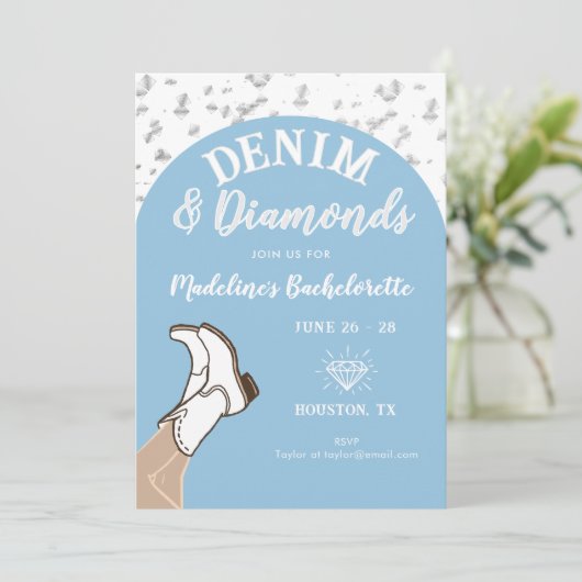 Denim Diamonds Cowgirl Arch Bachelorette Itinerary Einladung (Stehend Vorderseite)