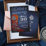 Denim Diamonds Cowgirl Bling Rose Geburtstagsparty Einladung<br><div class="desc">Eine moderne, elegante und schicke Party Einladung aus dem 30. Jahrhundert mit einem Denim- und Diamantenthema. Es verfügt über einen Denim-Hintergrund, einen denim-blauen Cowgirl-Stiefel mit eleganter Rose, die mit Rhinestones bedeckt ist (das ist ein digitaler Effekt), und Typografie in Weiß. Ein elegantes, stilvolles und elegantes "Denim and Diamonds" Design für...</div>