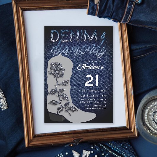 Denim Diamonds Cowgirl Boot Bling 21. Geburtstag Einladung