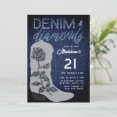 Denim Diamonds Cowgirl Boot Bling 21. Geburtstag Einladung (Stehend Vorderseite)