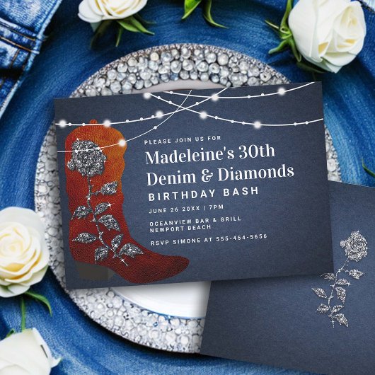 Denim Diamonds Cowgirl Boot Glam 30. Geburtstag Einladung