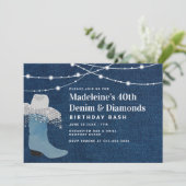 Denim Diamonds Cowgirl Boot Hat Glam 40. Geburtsta Einladung (Stehend Vorderseite)