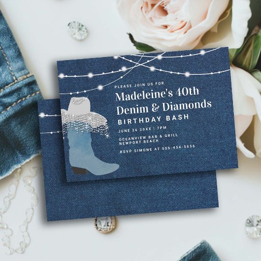 Denim Diamonds Cowgirl Boot Hat Glam 40. Geburtsta Einladung