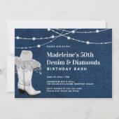 Denim Diamonds Cowgirl Boot Hat Glam 50. Geburtsta Einladung (Vorderseite)