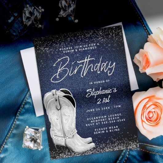 Denim Diamonds Cowgirl Boots Bling 21. Geburtstag Einladung