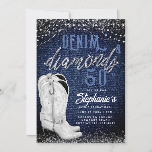 Denim Diamonds Cowgirl Boots Country 50. Geburtsta Einladung (Vorderseite)