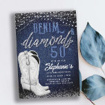 Denim Diamonds Cowgirl Boots Country 50. Geburtsta Einladung<br><div class="desc">Eine moderne rustikale, elegante und schicke 50. Geburtstagsfeier zum Thema Denim und Diamanten. Es verfügt über einen denim Hintergrund, ein weißes Statement-Paar von Cowgirl-Stiefeln in Acrylmalerei und Typografie in Weiß, mit individueller Kalligraphie auf dem Wort "Diamanten", die auch einen Nashörner-Effekt hat. Fügen Sie rustikale Lichter, ein Sprinkle von "Diamanten" und...</div>