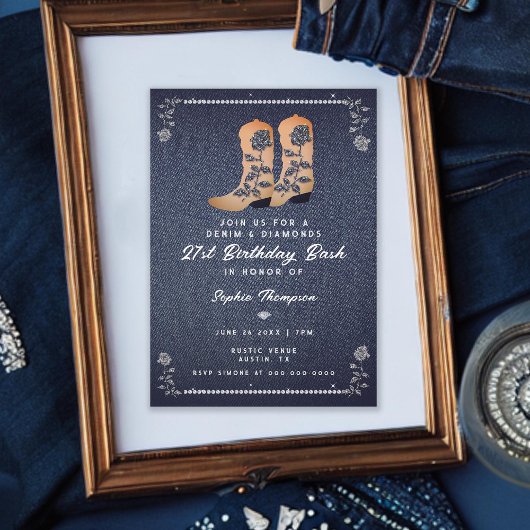 Denim Diamonds Cowgirl Boots Rose 21. Geburtstag Einladung