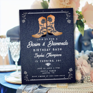 Denim Diamonds Cowgirl Boots Rose Geburtstagsparty Einladung