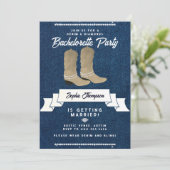 Denim Diamonds Cowgirl Boots Rustic Bachelorette Einladung (Stehend Vorderseite)