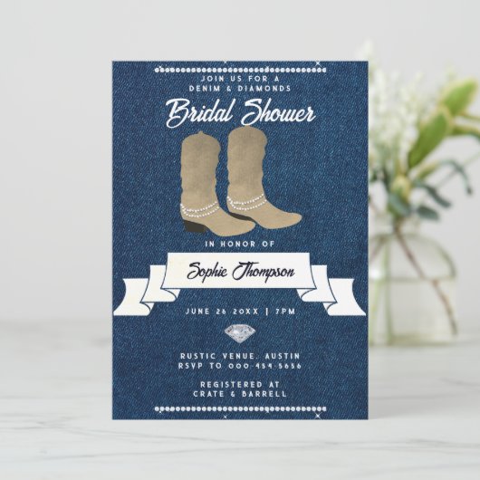 Denim Diamonds Cowgirl Boots Rustikales Brautparty Einladung (Stehend Vorderseite)