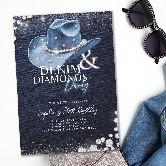 Denim Diamonds Cowgirl Hat 30. Geburtstag Party Einladung