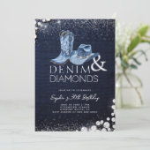 Denim Diamonds Cowgirl Hat Boots 30. Geburtstag Einladung (Stehend Vorderseite)