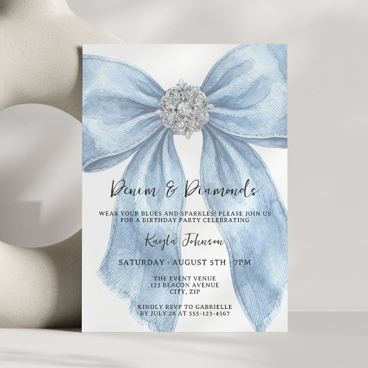 Denim Diamonds Elegant Blue Watercolor Bow Einladung