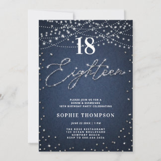 Denim Diamonds Elegant Glitzer Blue 18. Geburtstag Einladung