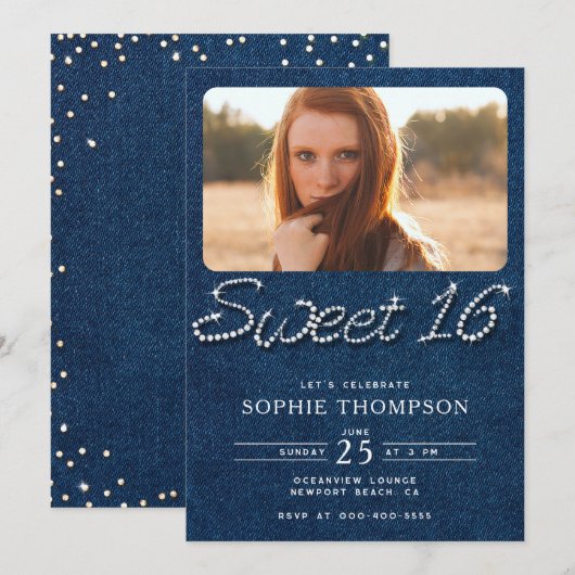 Denim Diamonds Elegant Modern Blue Sweet 16 Foto Einladung (Vorne/Hinten)