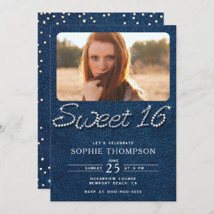 Denim Diamonds Elegant Modern Blue Sweet 16 Foto Einladung