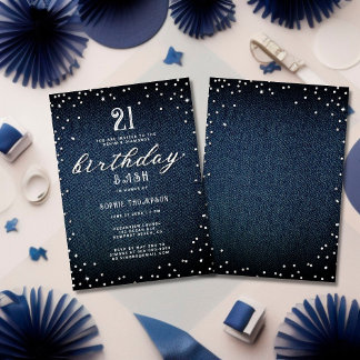 Denim Diamonds Elegant Rustikales 21. Geburtstags- Einladung