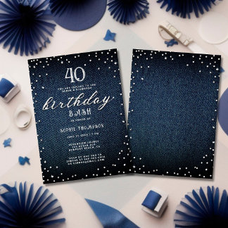 Denim Diamonds Elegant Rustikales 40. Geburtstags- Einladung