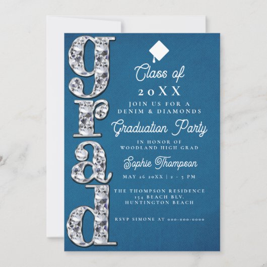 Denim Diamonds Elegante Script Graduation Party Einladung (Vorderseite)