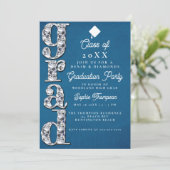 Denim Diamonds Elegante Script Graduation Party Einladung (Stehend Vorderseite)