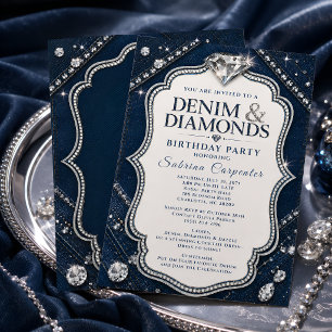 Denim & Diamonds Geburtstagsfeier Navy Blau Einladung