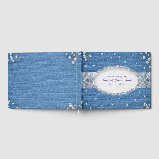 Denim & Diamonds Glam Scattered Bling Wedding Gästebuch (Voll)