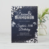 Denim Diamonds Glam Script Elegant 30. Geburtstag Einladung (Stehend Vorderseite)