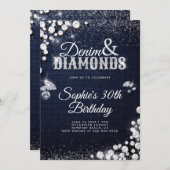 Denim Diamonds Glam Script Elegant 30. Geburtstag Einladung (Vorne/Hinten)
