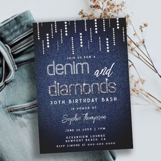 Denim Diamonds Glam Tropfen Classy Chic 30. Geburt Einladung