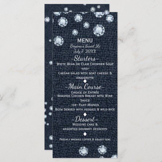 "Denim & Diamonds Glamour Chic Event Menu Card" Menükarte (Vorne/Hinten)
