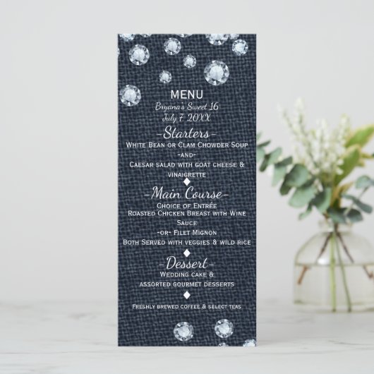 "Denim & Diamonds Glamour Chic Event Menu Card" Menükarte (Stehend Vorderseite)