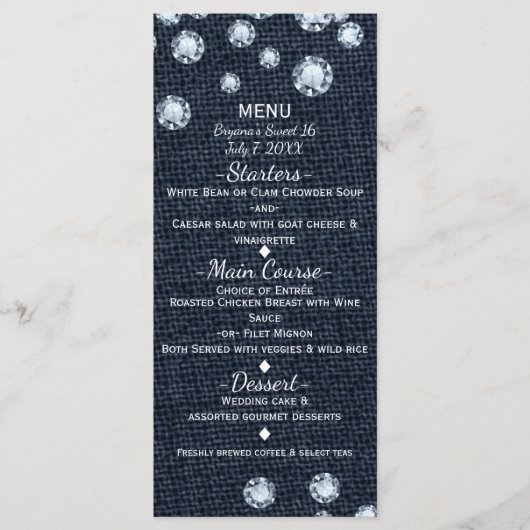 "Denim & Diamonds Glamour Chic Event Menu Card" Menükarte (Vorderseite)