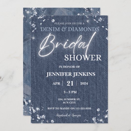 Denim Diamonds Glitzer Bling Elegantes Brautparty Einladung (Vorne/Hinten)