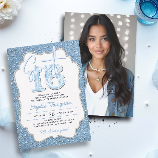 Denim Diamonds Glitzer Chic Frame Foto Sweet 16 Einladung