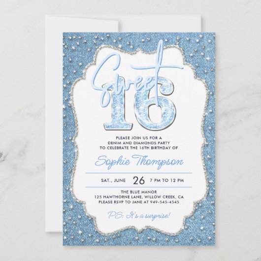 Denim Diamonds Glitzer Chic Frame Foto Sweet 16 Einladung (Vorderseite)